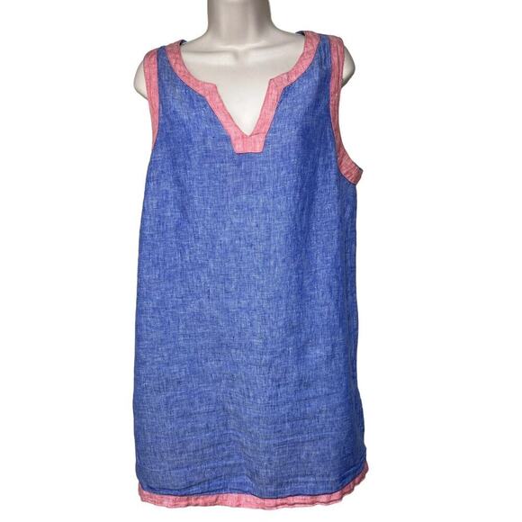 Sigrid Olsen 100% Linen Sleeveless Dress – Blue with Pink Trim – V-Neck – Size M - Picture 1 of 12